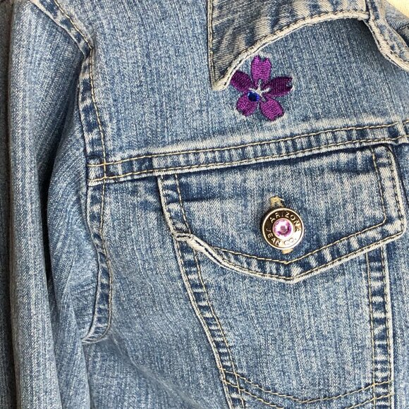 Jean Jacket Girls L Arizona Jean Co. Denim Jacket Purple Rhinestones Embroidery - Picture 6 of 13